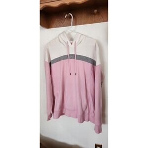 BCG Womens XL Colorblock Fleece Hoodie Pullover Pink Gray White Athletic Comfort